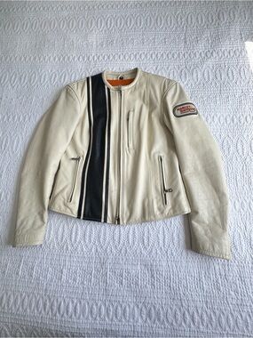 Harley-Davidson Cream and Black Leather Jacket with Orange Liner size Small